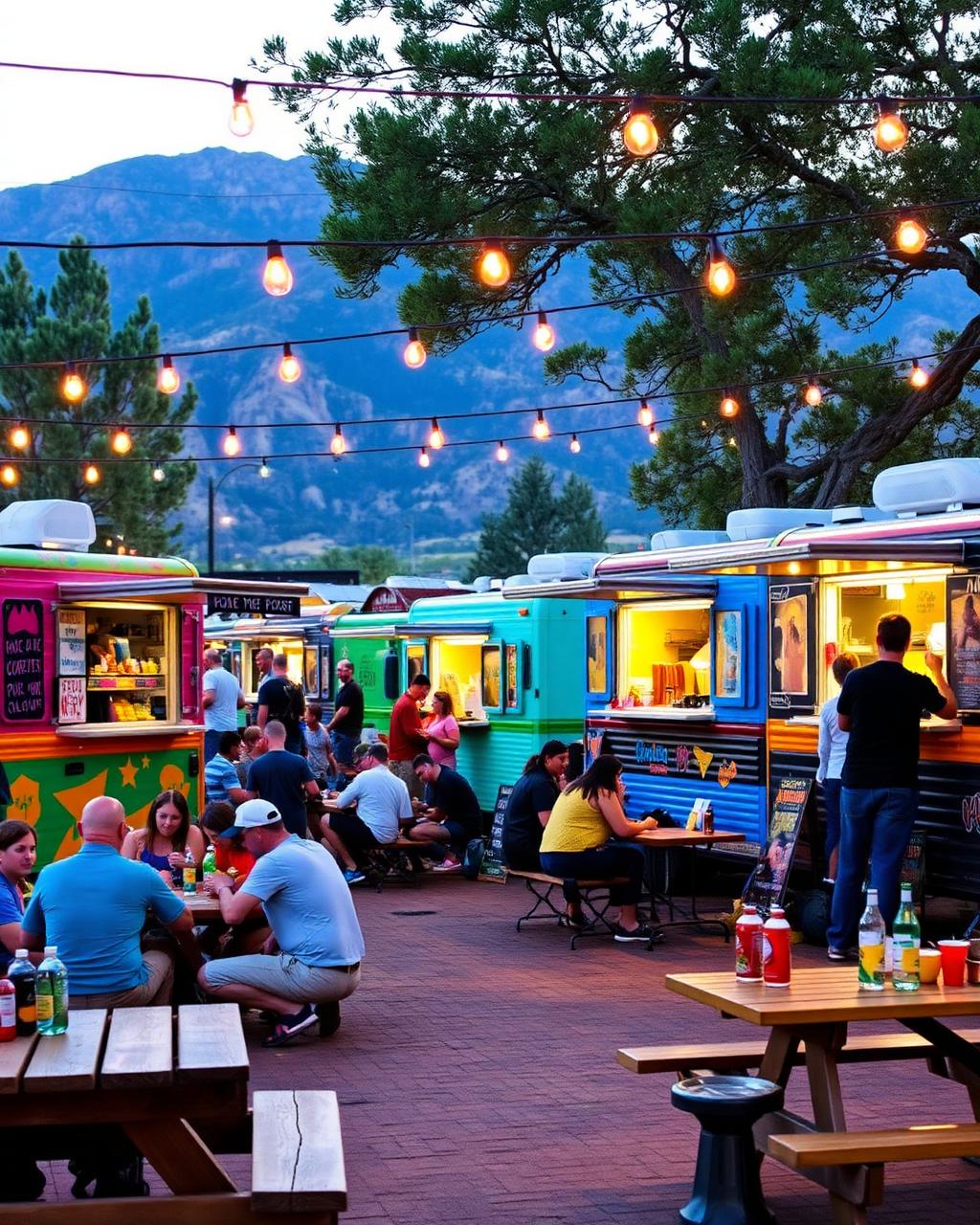 Colorful food trucks with string lights at dusk